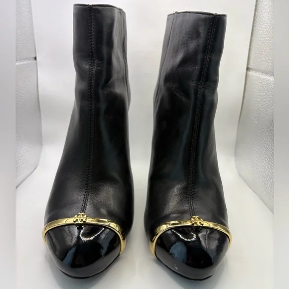 Tory Burch Pacey Black and Gold Ankle Booties - Picture 2 of 11